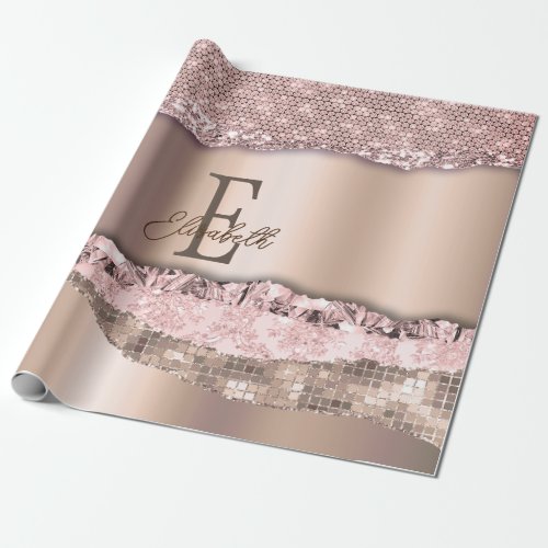 Trendy Rose Gold Diamonds Glitter Monogram Wrapping Paper