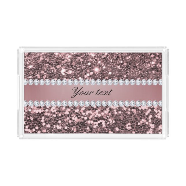 Trendy Rose Gold Faux Glitter and Diamonds Acrylic Tray (Front)
