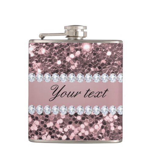Trendy Rose Gold Faux Glitter and Diamonds Hip Flask