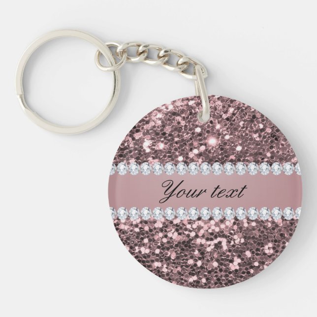 Trendy Rose Gold Faux Glitter and Diamonds Keychain (Front)