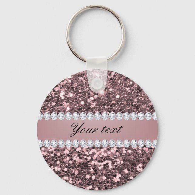 Trendy Rose Gold Faux Glitter and Diamonds Keychain (Front)