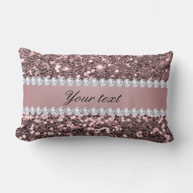 Trendy Rose Gold Faux Glitter and Diamonds Lumbar Pillow (Front)