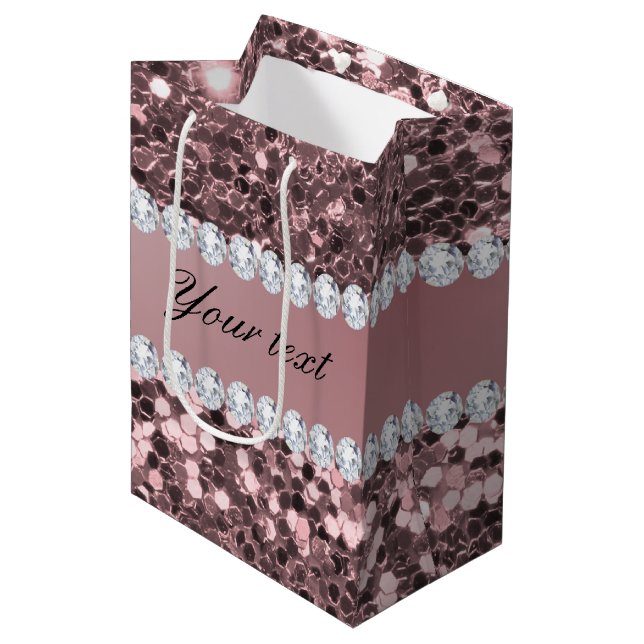 Trendy Rose Gold Faux Glitter and Diamonds Medium Gift Bag (Front Angled)