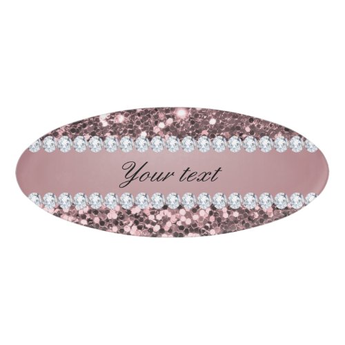 Trendy Rose Gold Faux Glitter and Diamonds Name Tag