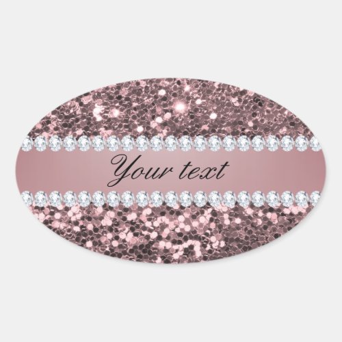 Trendy Rose Gold Faux Glitter and Diamonds Oval Sticker