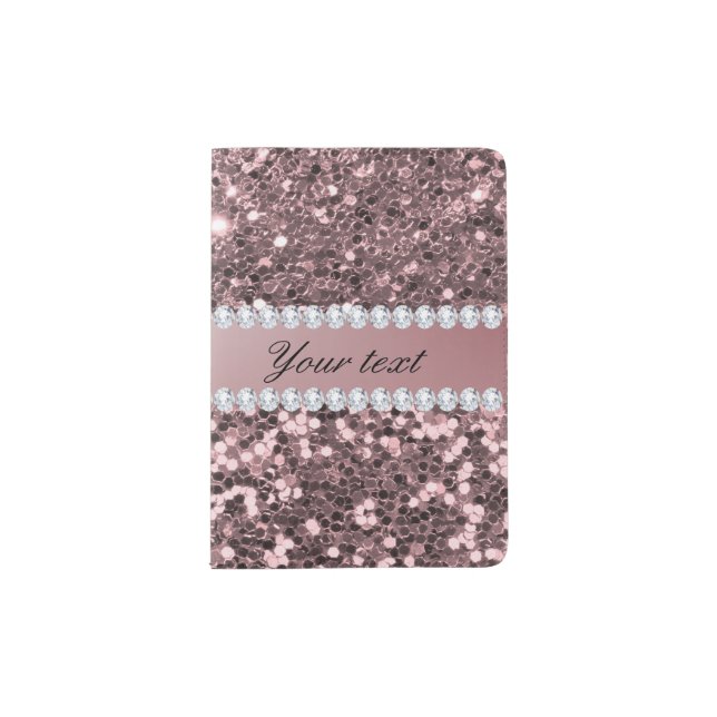 Trendy Rose Gold Faux Glitter and Diamonds Passport Holder (Front)
