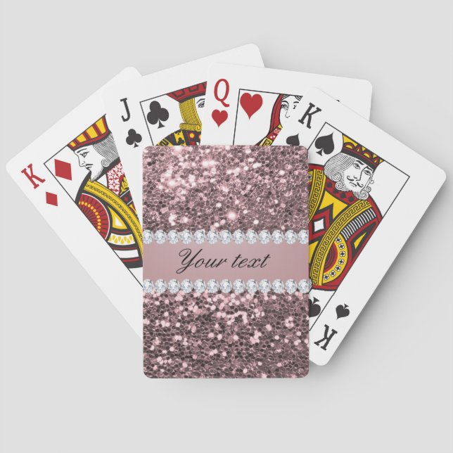 Trendy Rose Gold Faux Glitter and Diamonds Poker Cards (Back)