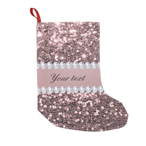 Trendy Rose Gold Faux Glitter and Diamonds Small Christmas Stocking
