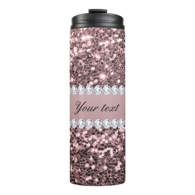 Trendy Rose Gold Faux Glitter and Diamonds Thermal Tumbler (Front)