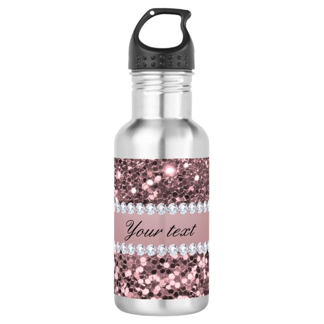 Trendy Rose Gold Faux Glitter and Diamonds Water Bottle (Front)