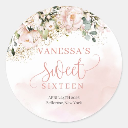 Trendy rose gold floral gold sparkle sweet sixteen classic round sticker