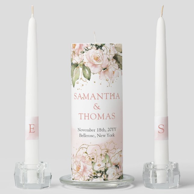 Trendy rose gold floral gold sparkles eucalyptus unity candle set (Front)