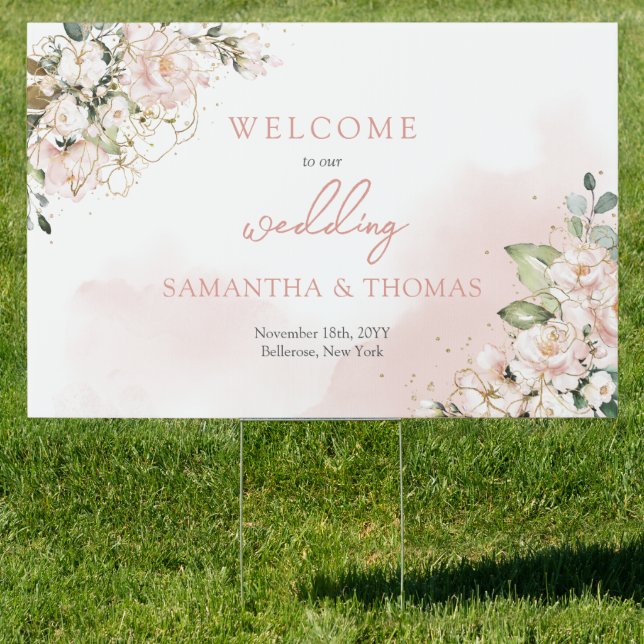 Trendy rose gold floral gold sparkles Welcome  Sign (Insitu)