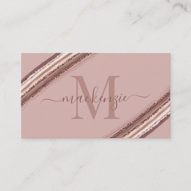 Trendy Rose Gold Foil Copper Brush Monogram Business Card (Front)