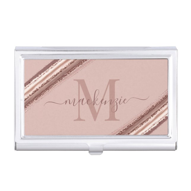 Trendy Rose Gold Foil Copper Brush Monogram Business Card Case (Front)