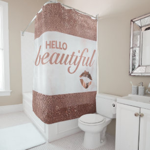 Trendy Rose Gold Foil Marble Hello Beautiful Shower Curtain
