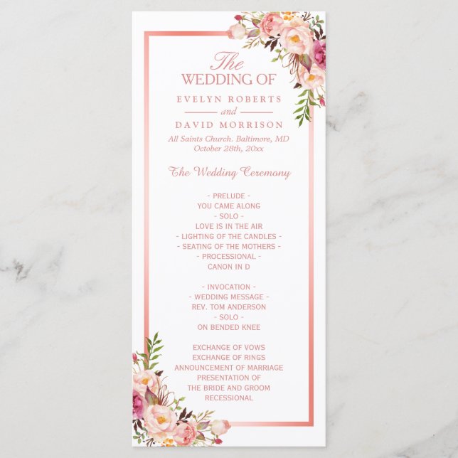 Trendy Rose Gold Frame Floral Wedding Program (Front)