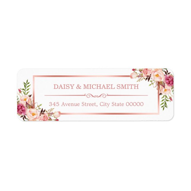 Trendy Rose Gold Frame Vintage Pink Flowers Label (Front)