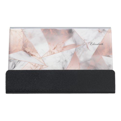 Trendy Rose Gold Geometric Marble Desk Business Card Holder