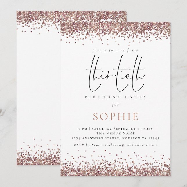 Trendy Rose Gold Glitter 30th Birthday Party Invitation (Front/Back)