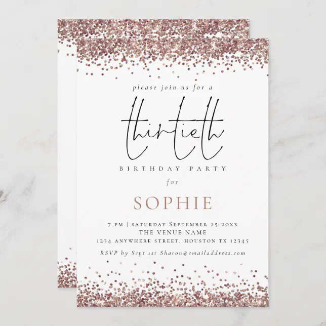 Trendy Rose Gold Glitter 30th Birthday Party Invitation | Zazzle