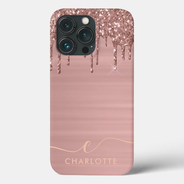 Trendy Rose Gold Glitter Drip Custom Name  Case-Mate iPhone Case (Back)