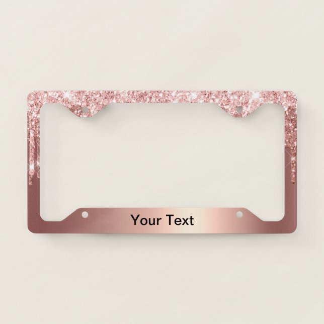 Trendy Rose Gold Glitter Drips Graphic License Plate Frame (Front)