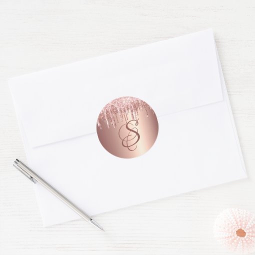 Trendy Rose Gold Glitter Drips Graphic Monogram Classic Round Sticker Zazzle 5963