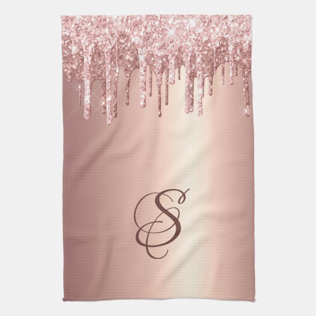 Trendy Rose Gold Glitter Drips Graphic Monogram Kitchen Towel (Vertical)
