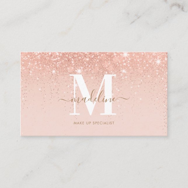 Trendy Rose gold Glitter Elegant Script Monogram Business Card (Front)