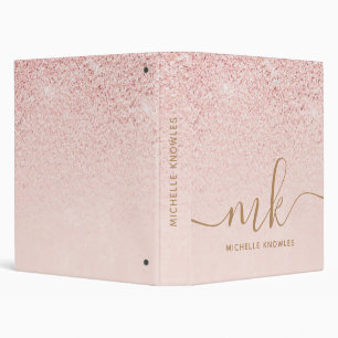 Trendy Rose Gold Glitter Fancy Initials and Name 3 Ring Binder