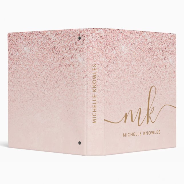 Trendy Rose Gold Glitter Fancy Initials and Name 3 Ring Binder (Background)