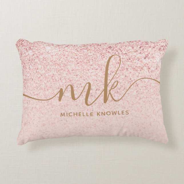 Trendy Rose Gold Glitter Fancy Initials and Name Accent Pillow (Front)