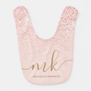 Trendy Rose Gold Glitter Fancy Initials and Name Baby Bib