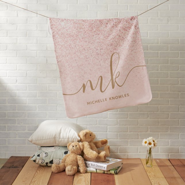 Trendy Rose Gold Glitter Fancy Initials and Name Baby Blanket (In Situ)