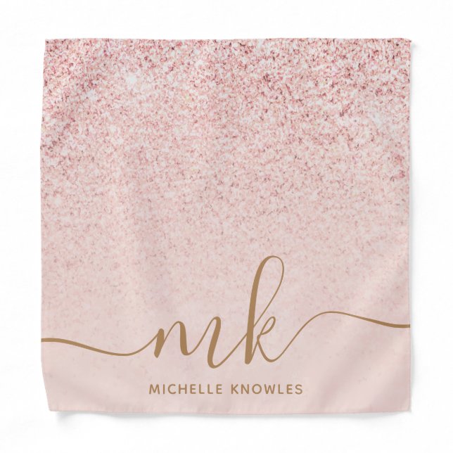 Trendy Rose Gold Glitter Fancy Initials and Name Bandana (Front)