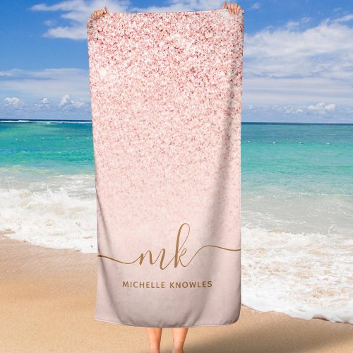 Trendy Rose Gold Glitter Fancy Initials and Name Beach Towel