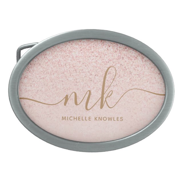 Trendy Rose Gold Glitter Fancy Initials and Name Belt Buckle (Front)