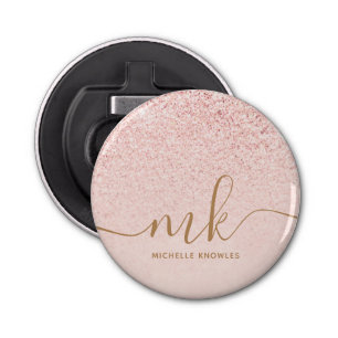 Trendy Rose Gold Glitter Fancy Initials and Name Bottle Opener