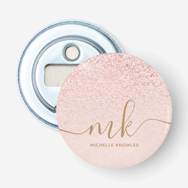 Trendy Rose Gold Glitter Fancy Initials and Name Bottle Opener (Front)