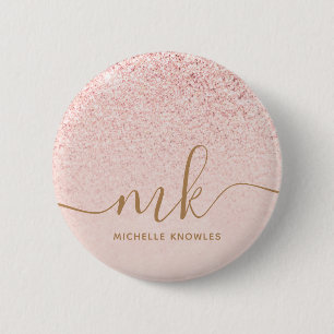 Trendy Rose Gold Glitter Fancy Initials and Name Button