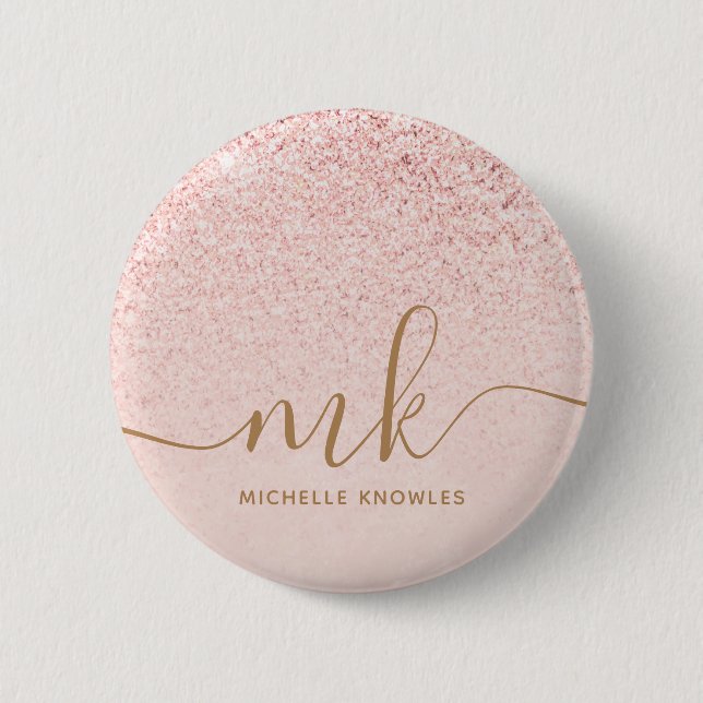 Trendy Rose Gold Glitter Fancy Initials and Name Button (Front)