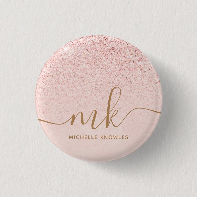 Trendy Rose Gold Glitter Fancy Initials and Name Button (Front)