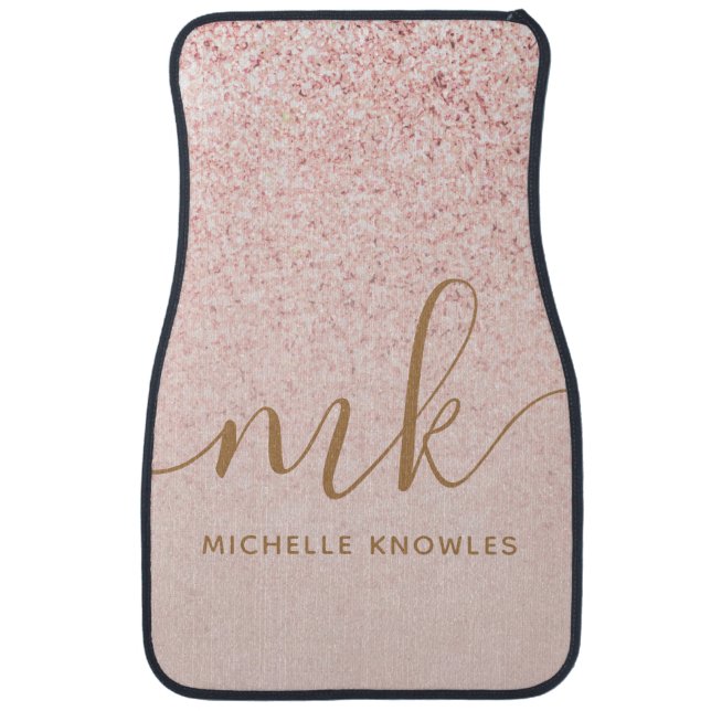 Trendy Rose Gold Glitter Fancy Initials and Name Car Floor Mat (Front)