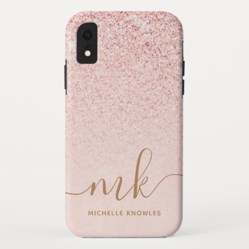 Trendy Rose Gold Glitter Fancy Initials and Name iPhone XR Case
