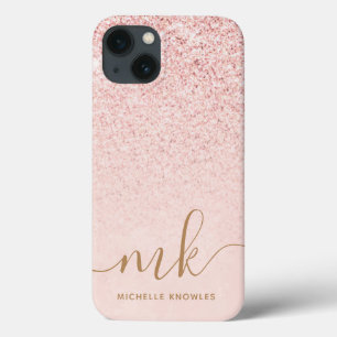 Trendy Rose Gold Glitter Fancy Initials and Name iPhone 13 Case