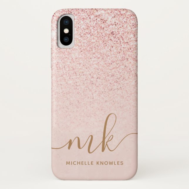 Trendy Rose Gold Glitter Fancy Initials and Name Case-Mate iPhone Case (Back)