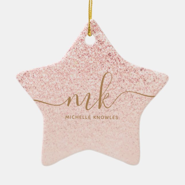 Trendy Rose Gold Glitter Fancy Initials and Name  Ceramic Ornament (Front)