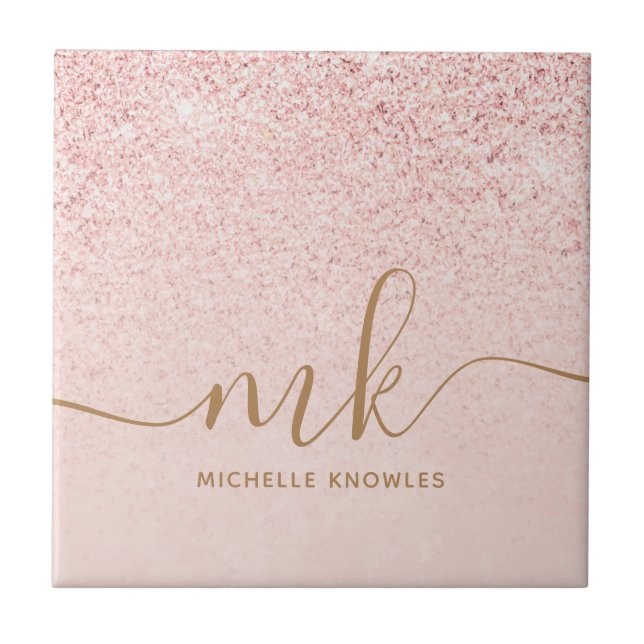 Trendy Rose Gold Glitter Fancy Initials and Name Ceramic Tile (Front)