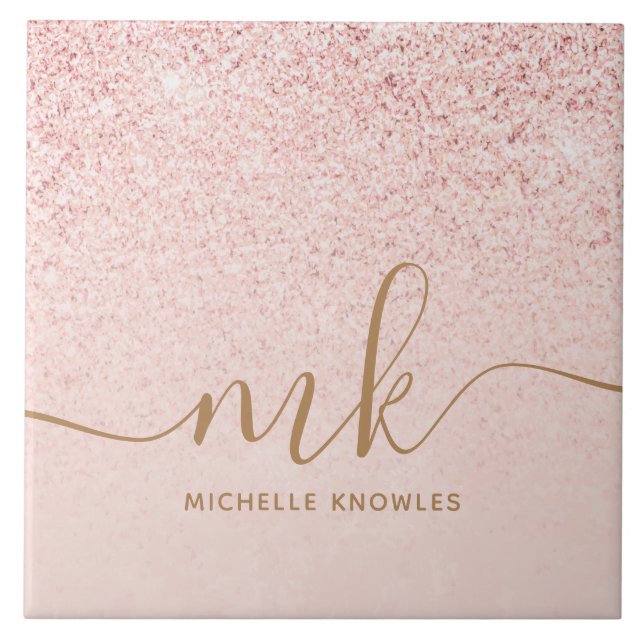 Trendy Rose Gold Glitter Fancy Initials and Name Ceramic Tile (Front)